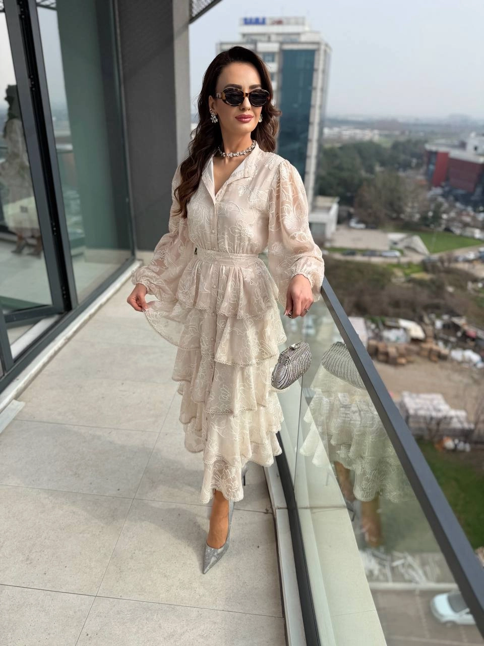 Tasarım%20Bej%20Eteği%20Kat%20Kat%20Astarlı%20Elbise