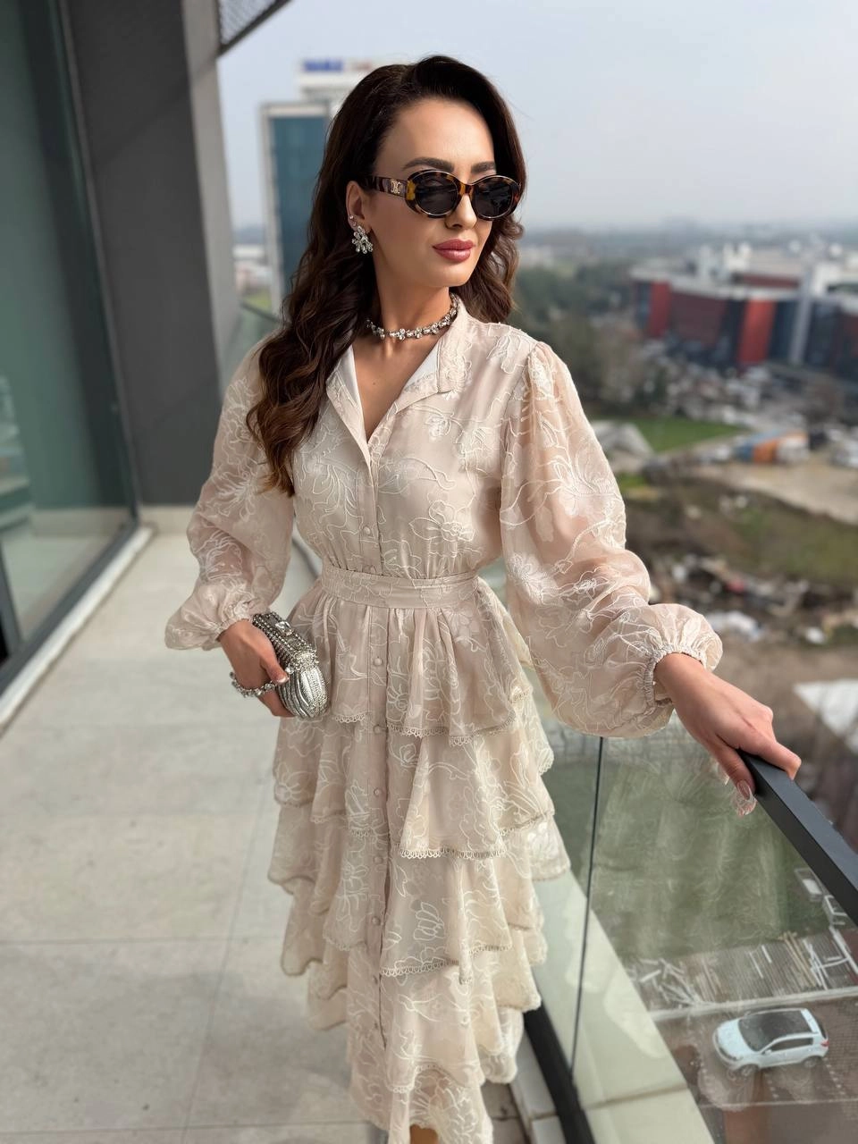 Tasarım%20Bej%20Eteği%20Kat%20Kat%20Astarlı%20Elbise