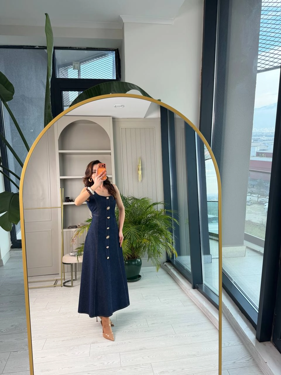 Tasarım%20Düğmeli%20Çan%20Kesim%20Premium%20Jean%20Elbise