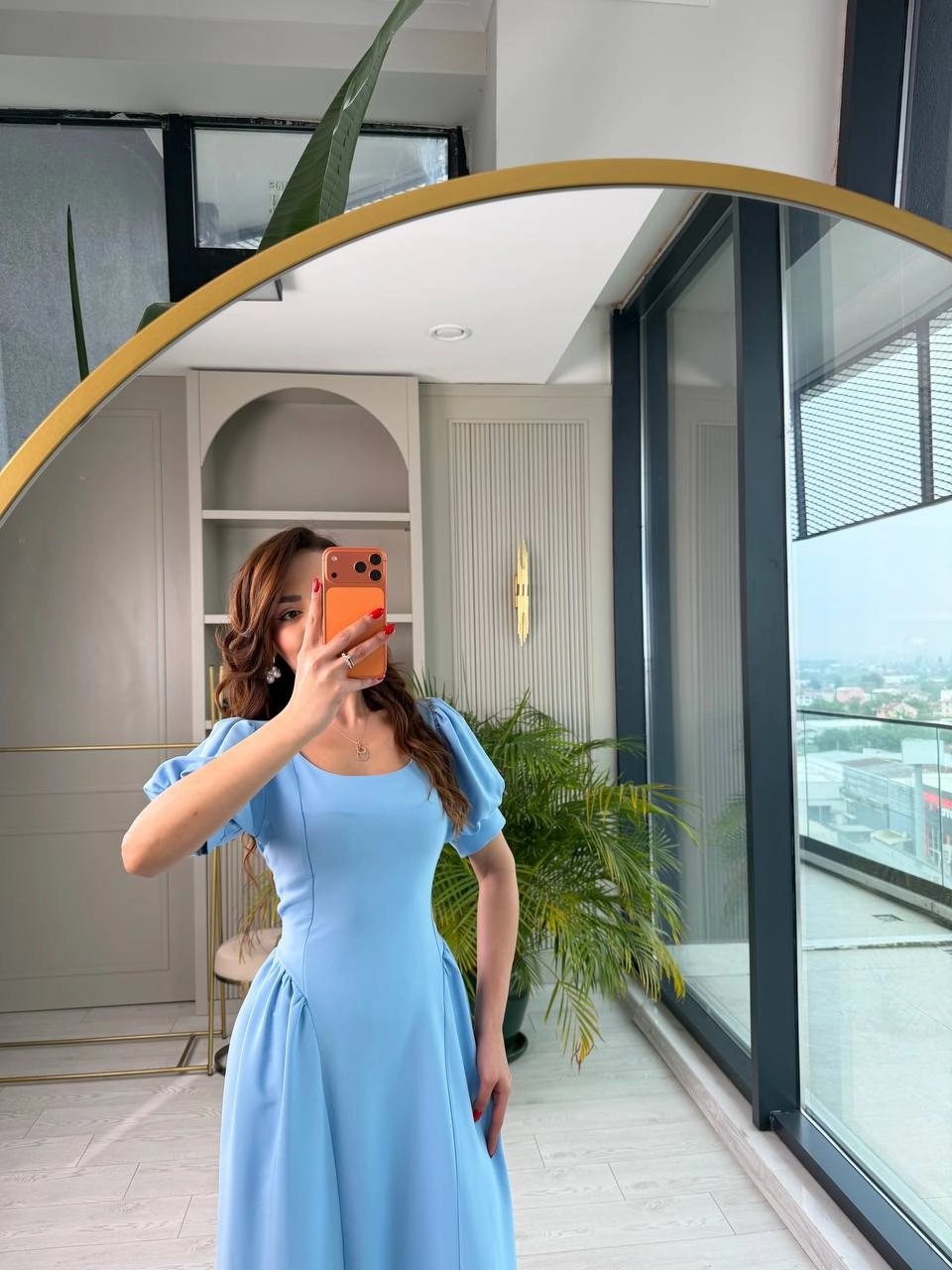 Mavi%20Bel%20Bağlamalı%20Prenses%20Kol%20Double%20Krep%20Kumaş%20Elbise