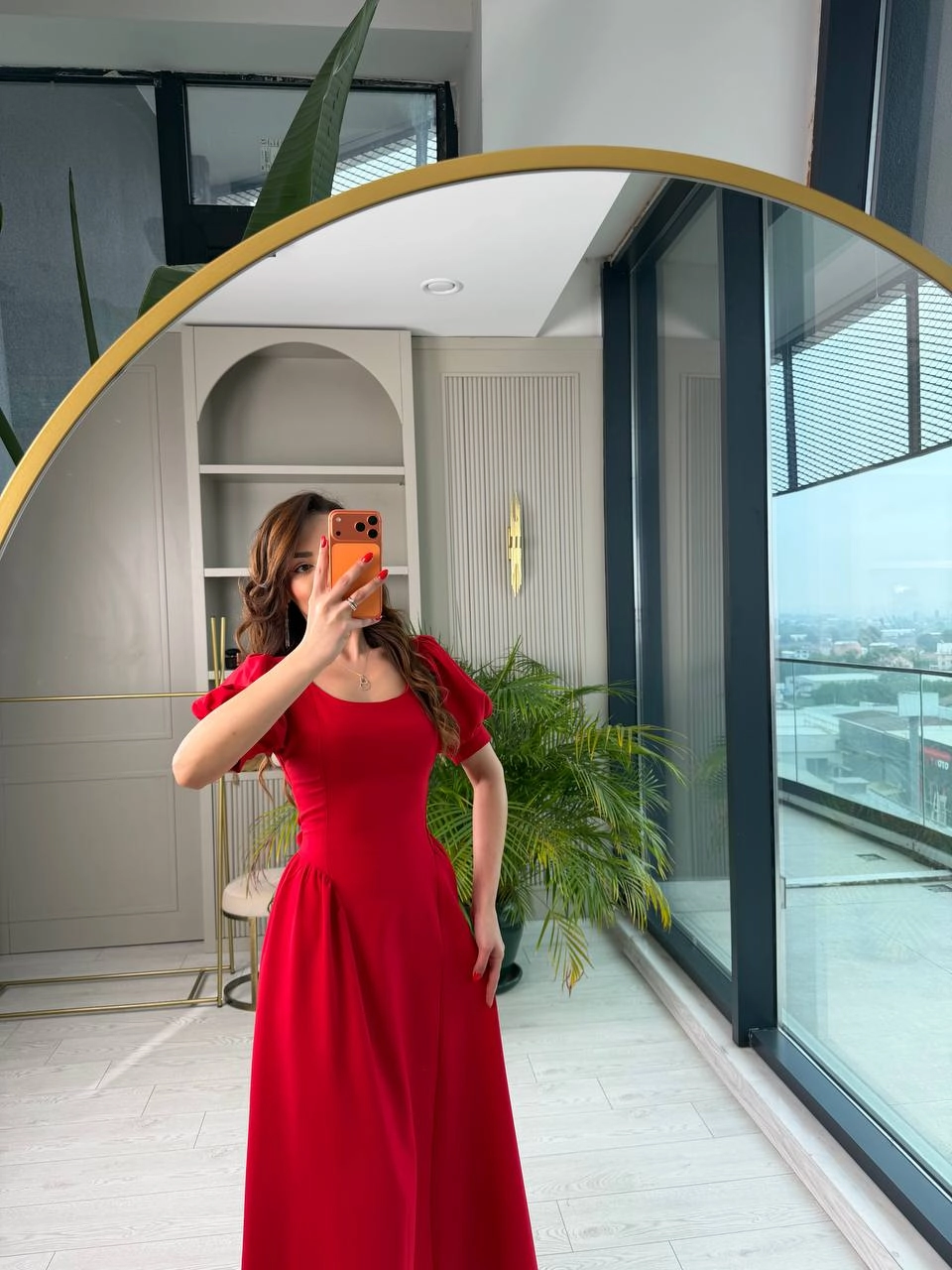 Kırmızı%20Bel%20Bağlamalı%20Prenses%20Kol%20Double%20Krep%20Kumaş%20Elbise