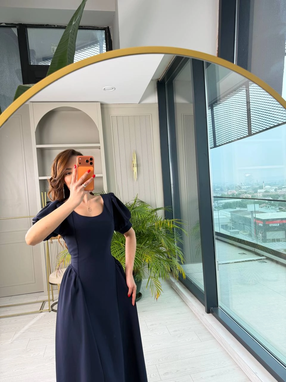 Lacivert%20Bel%20Bağlamalı%20Prenses%20Kol%20Double%20Krep%20Kumaş%20Elbise