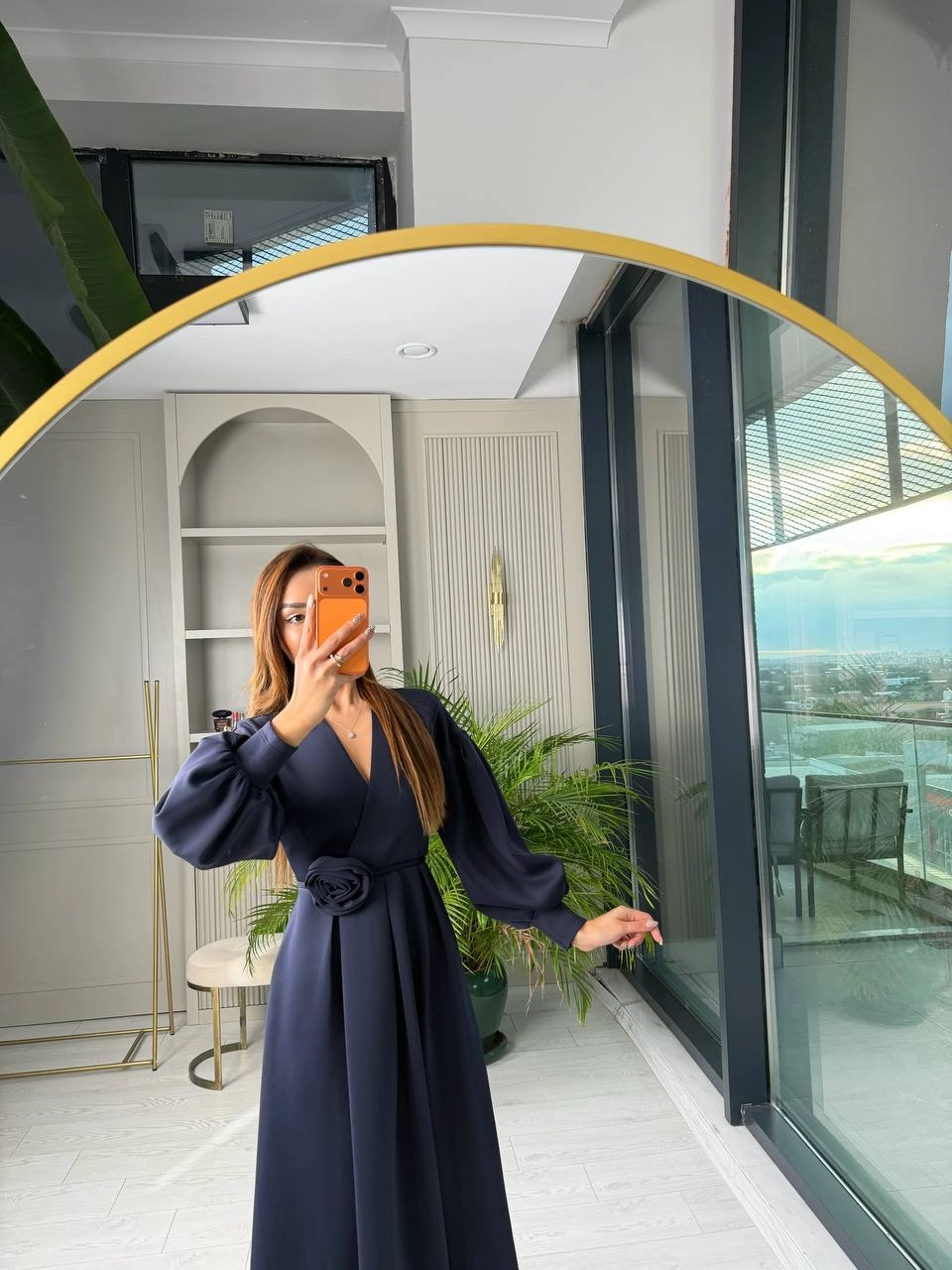 Lacivert%20Gül%20Detaylı%20Scuba%20Kumaş%20Elbise