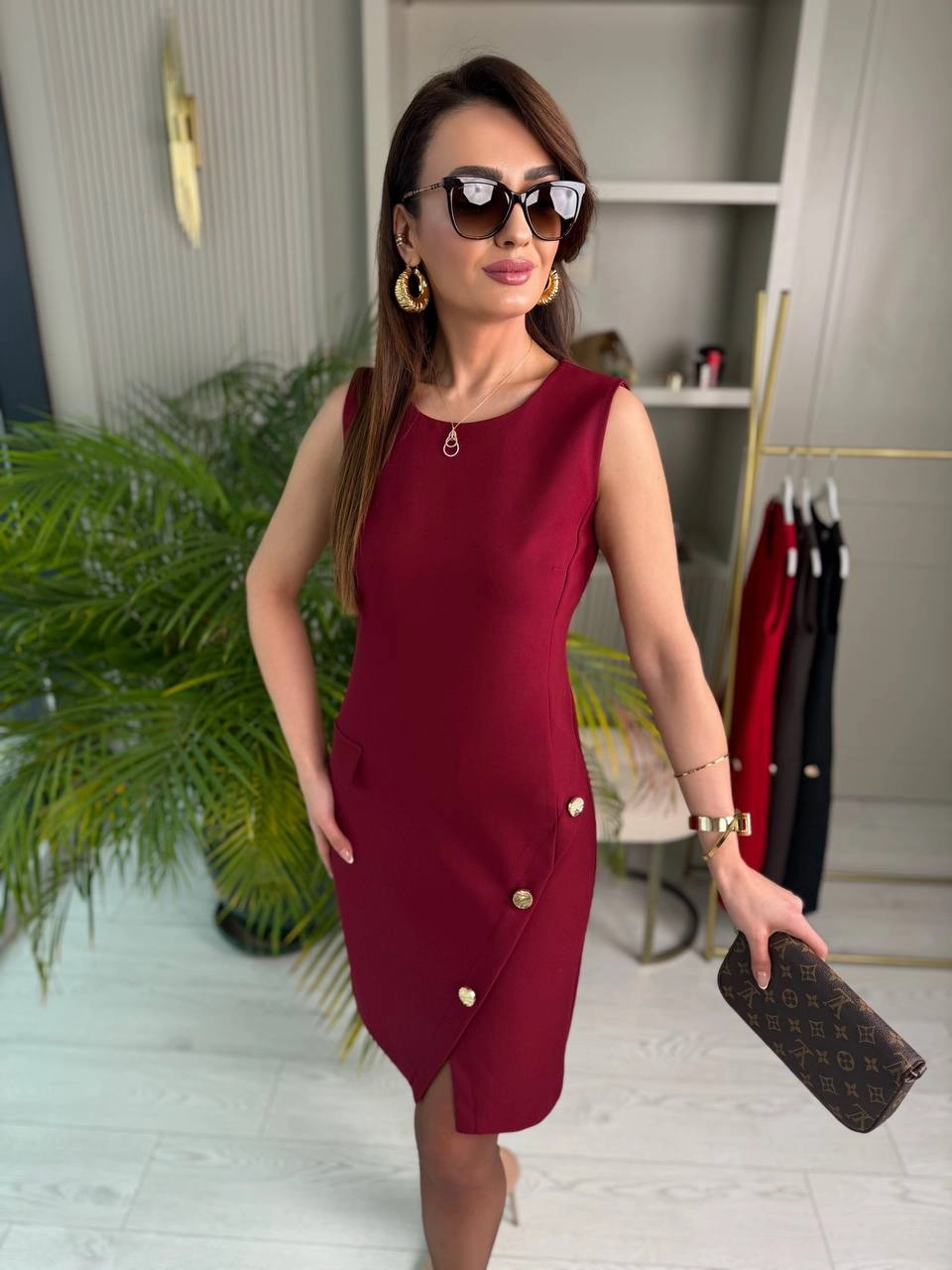 Bordo%20Düğme%20Detay%20Double%20Atlas%20Kumaş%20Elbise