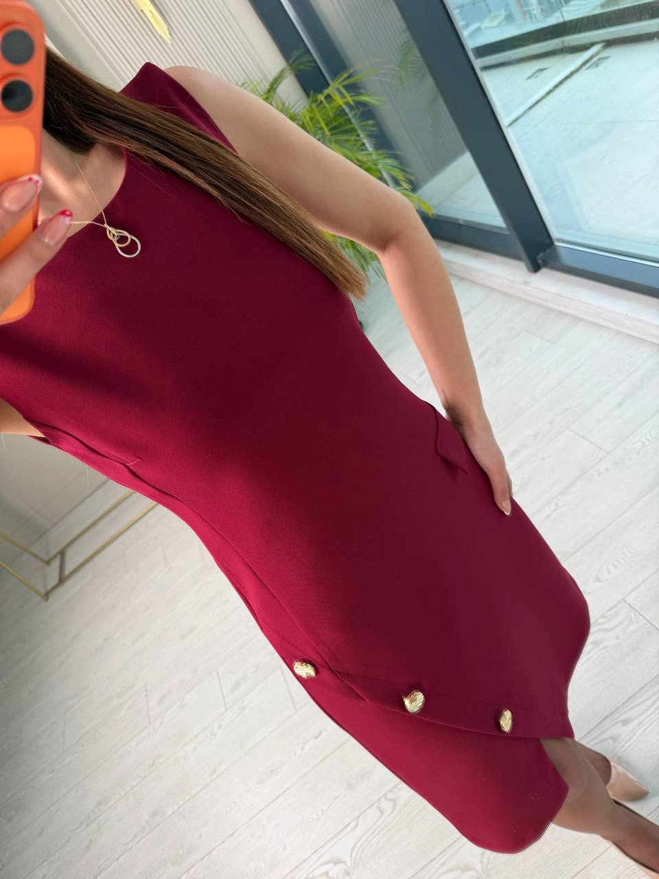 Bordo%20Düğme%20Detay%20Double%20Atlas%20Kumaş%20Elbise