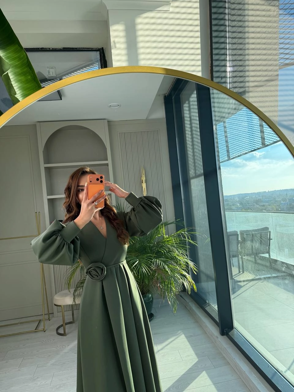 Haki%20Gül%20Detaylı%20Scuba%20Kumaş%20Elbise