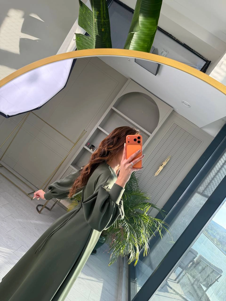 Haki%20Gül%20Detaylı%20Scuba%20Kumaş%20Elbise