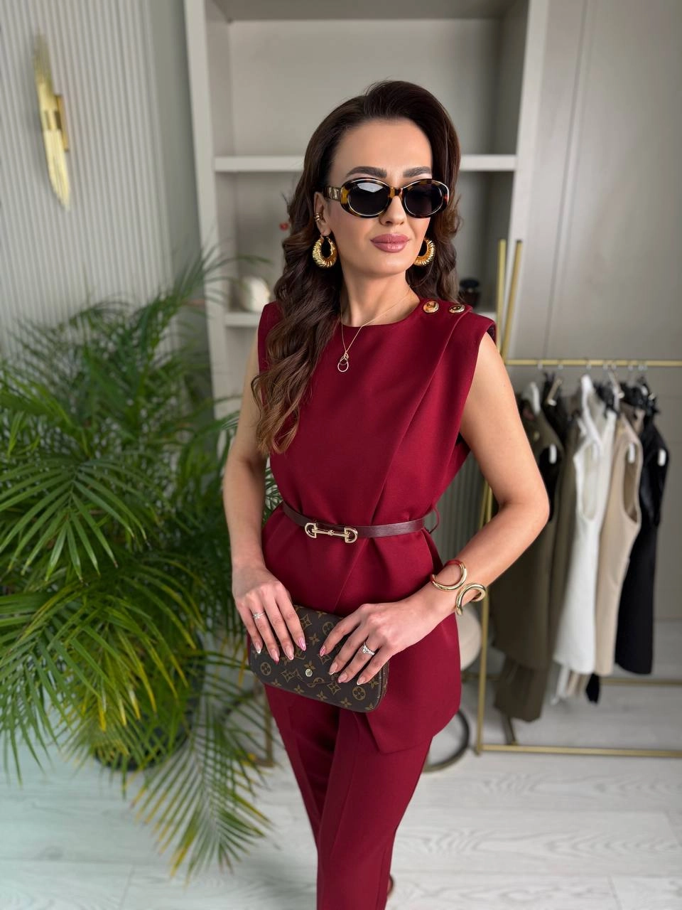 Tasarım%20Bordo%20Kemerli%20Pantolon%20Yelek%20Takım