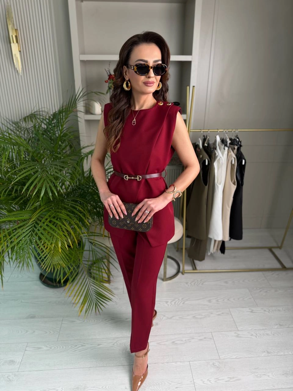 Tasarım%20Bordo%20Kemerli%20Pantolon%20Yelek%20Takım