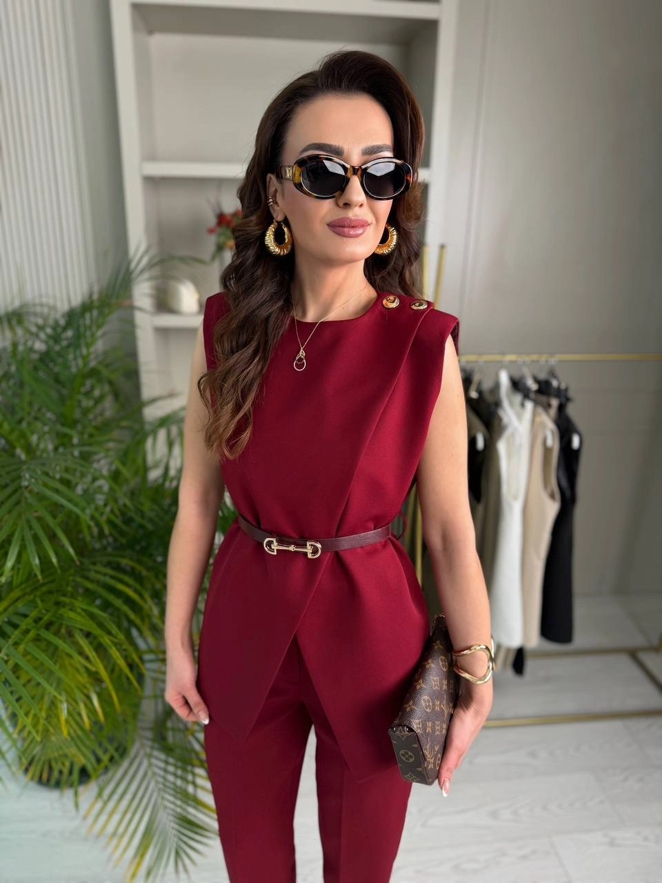 Tasarım%20Bordo%20Kemerli%20Pantolon%20Yelek%20Takım