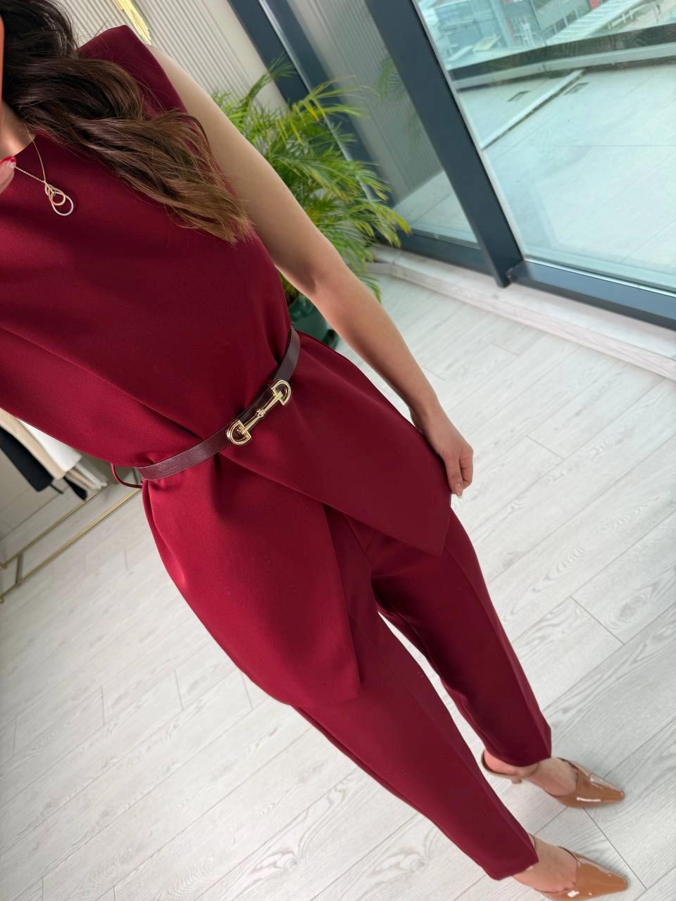 Tasarım%20Bordo%20Kemerli%20Pantolon%20Yelek%20Takım