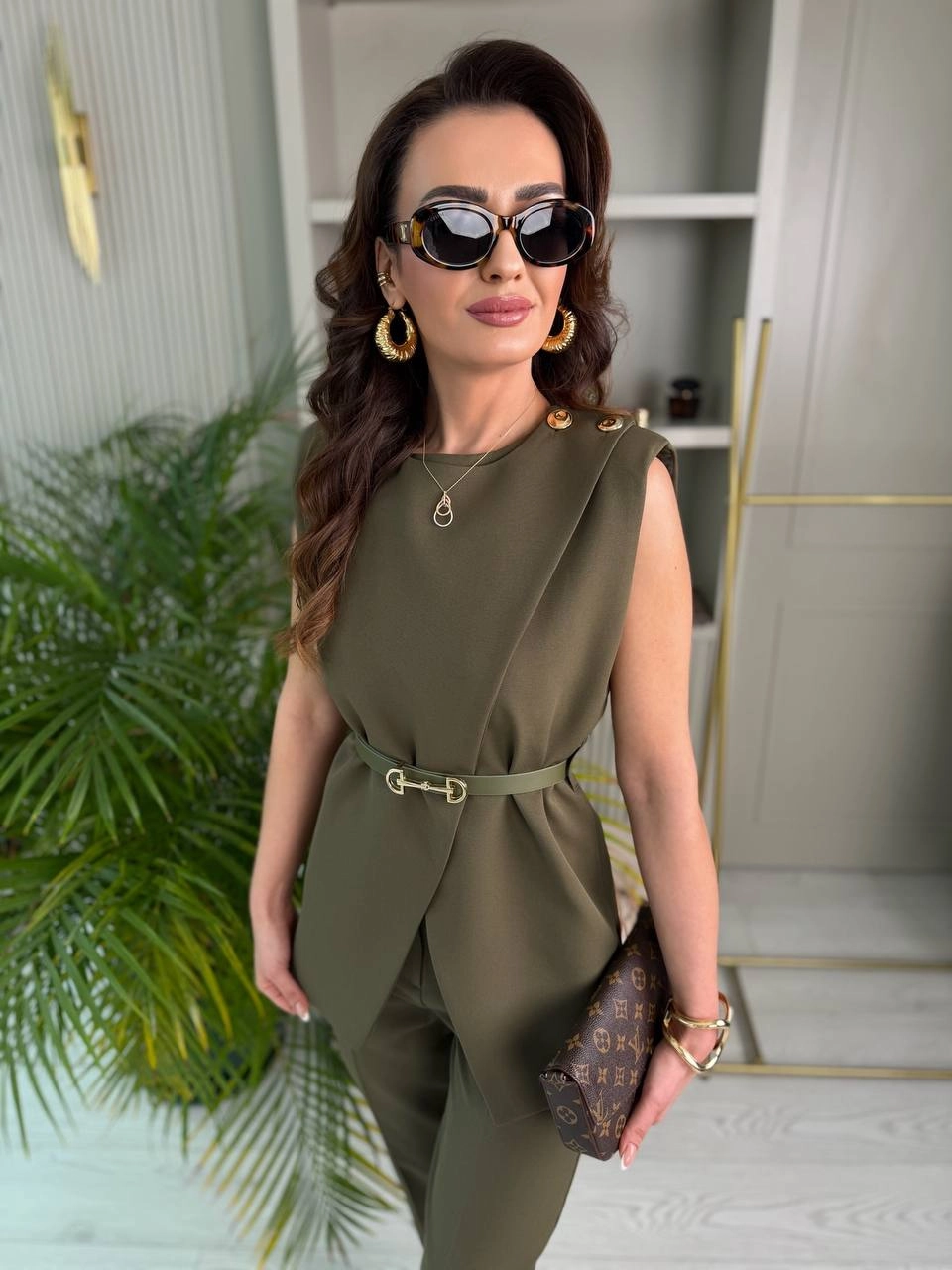 Tasarım%20Haki%20Kemerli%20Pantolon%20Yelek%20Takım