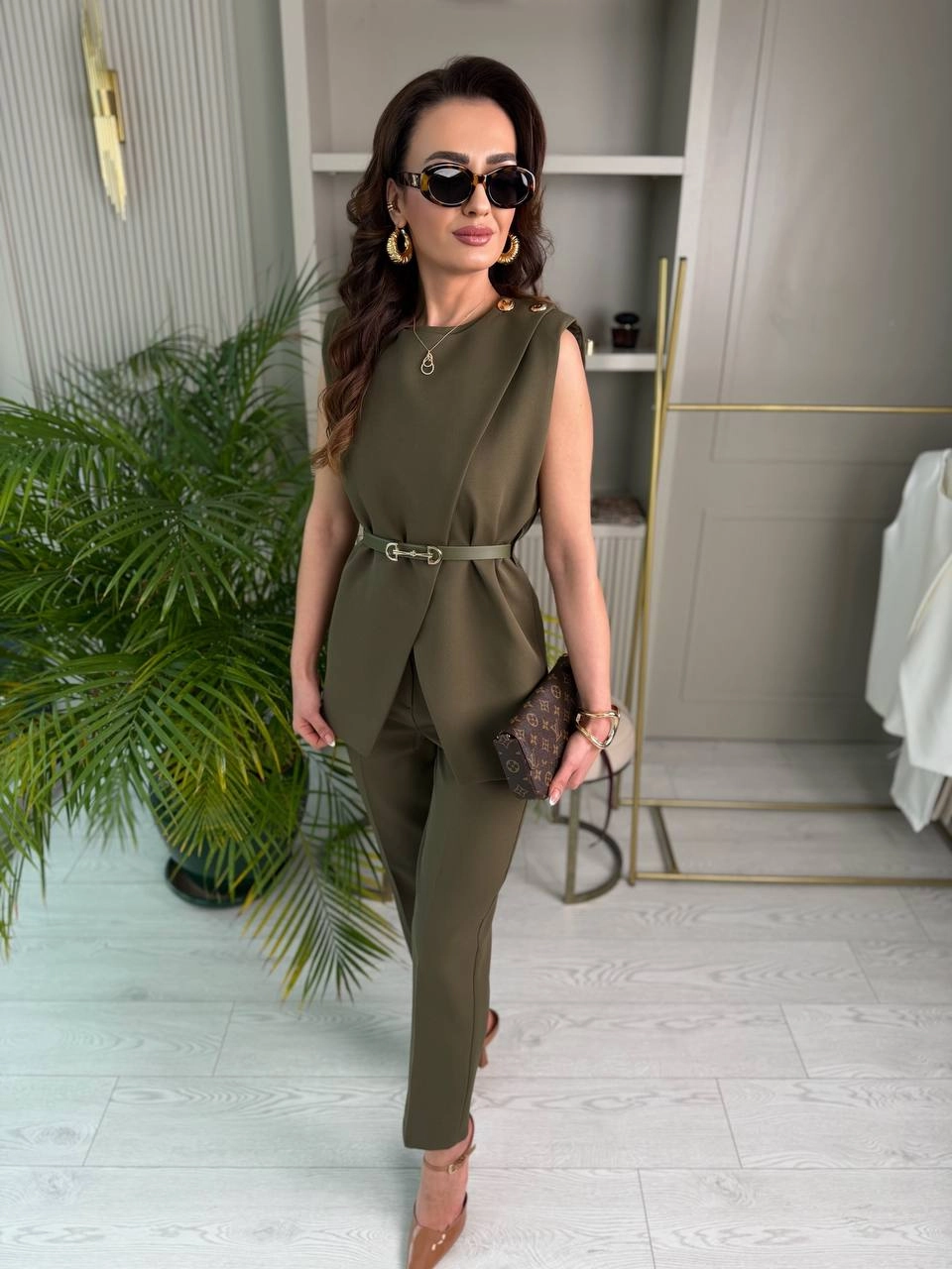 Tasarım%20Haki%20Kemerli%20Pantolon%20Yelek%20Takım