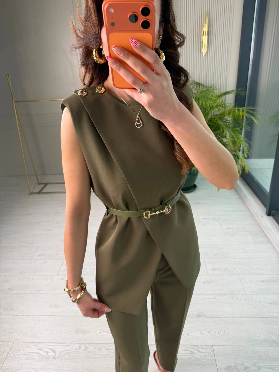 Tasarım%20Haki%20Kemerli%20Pantolon%20Yelek%20Takım