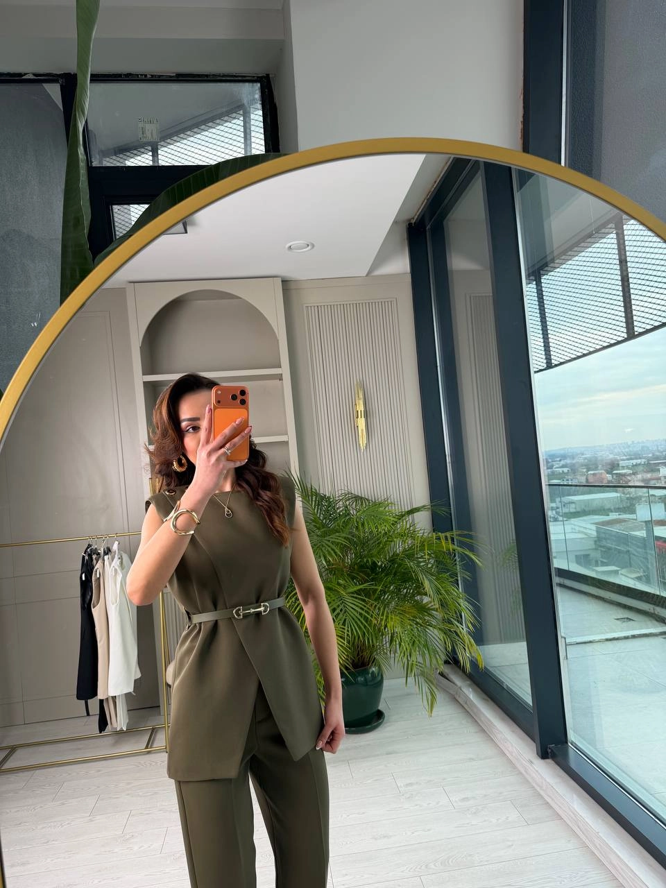 Tasarım%20Haki%20Kemerli%20Pantolon%20Yelek%20Takım