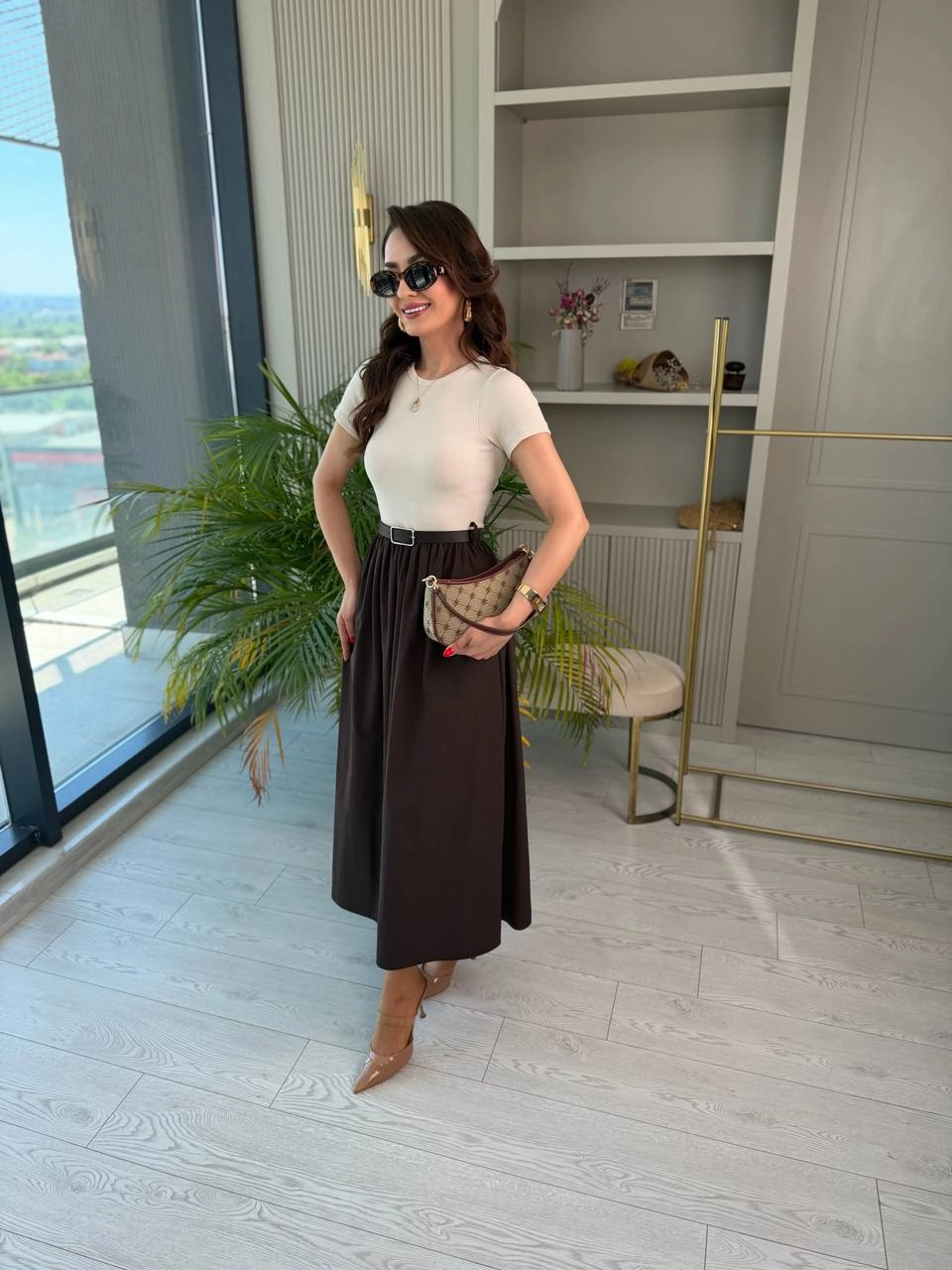 Bej%20Kahverengi%20Kemerli%20Eteği%20Poplin%20Kısa%20Kol%20Elbise