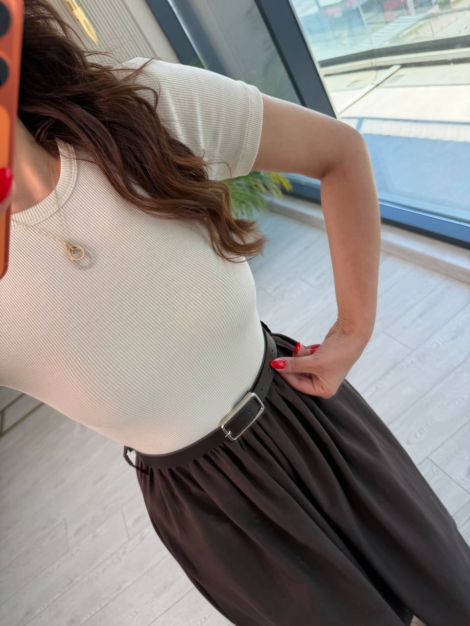 Bej%20Kahverengi%20Kemerli%20Eteği%20Poplin%20Kısa%20Kol%20Elbise