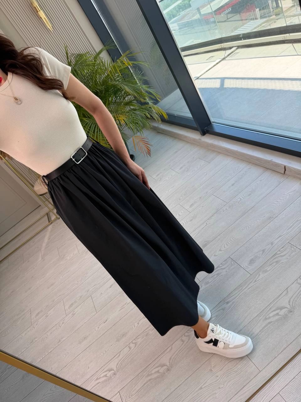 Bej%20Siyah%20Kemerli%20Eteği%20Poplin%20Kısa%20Kol%20Elbise