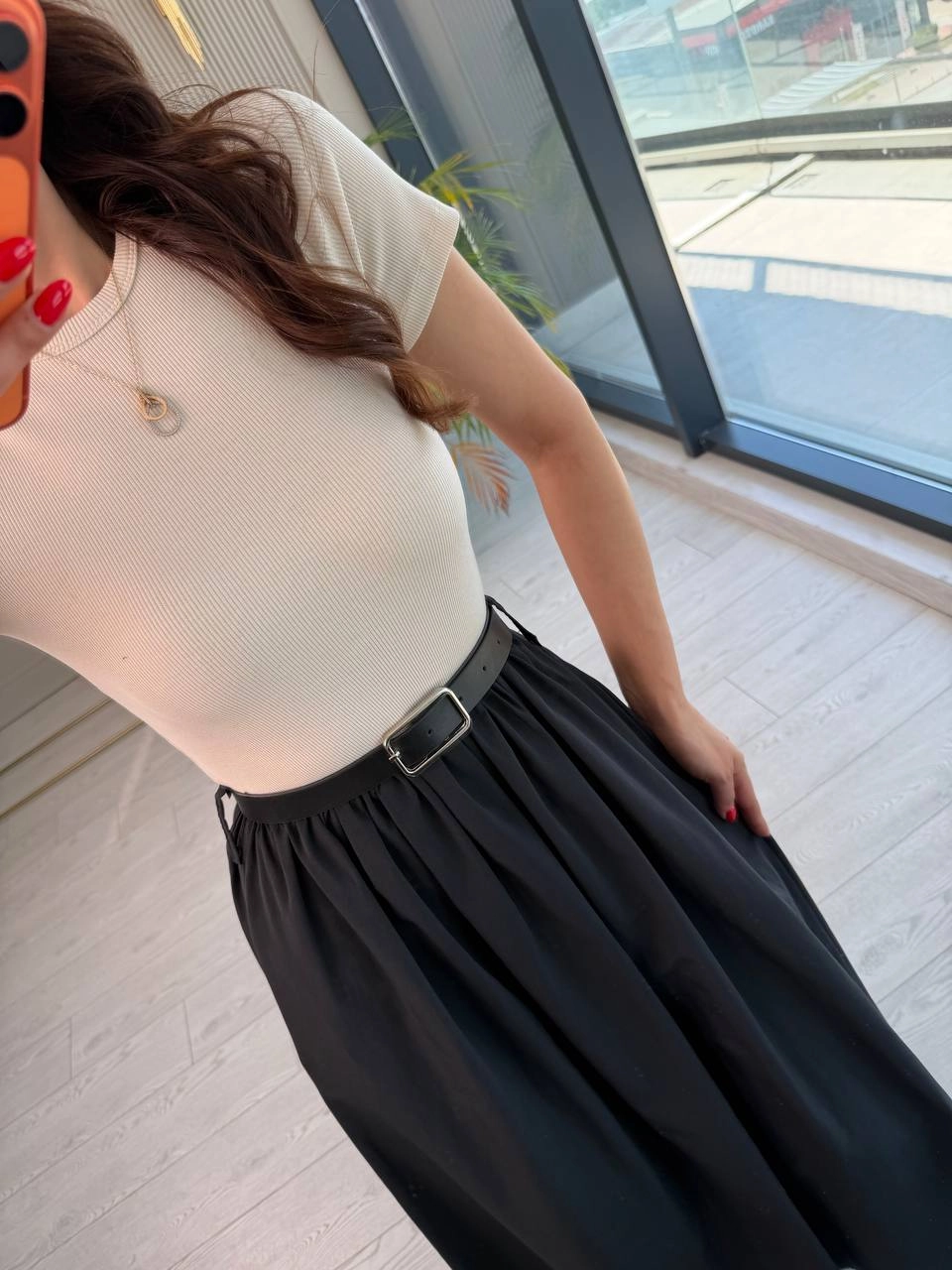Bej%20Siyah%20Kemerli%20Eteği%20Poplin%20Kısa%20Kol%20Elbise