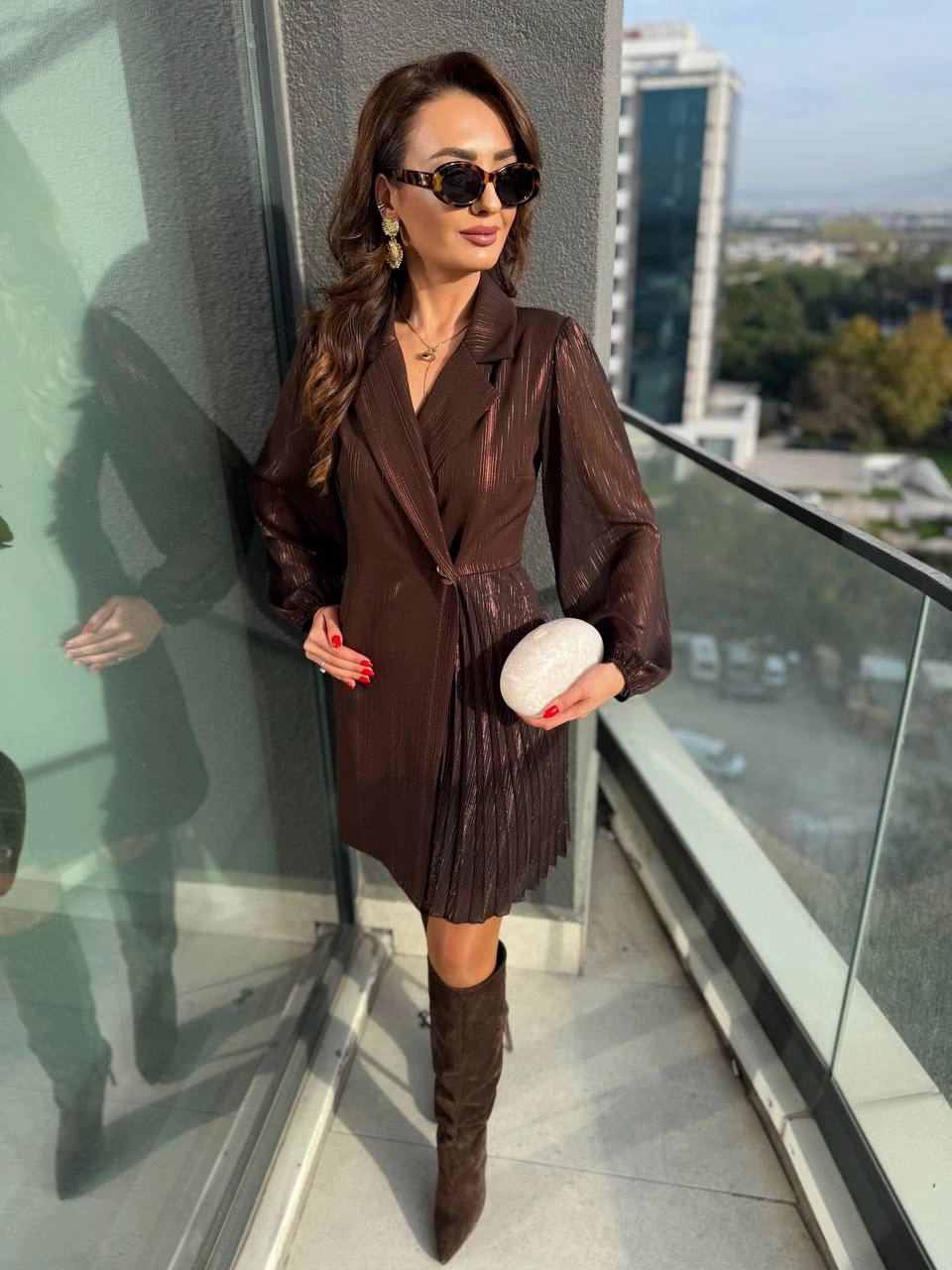 Tasarım%20Kahverengi%20Işıltı%20Geçişli%20Pilise%20Detaylı%20Lüks%20Kalite%20Elbise