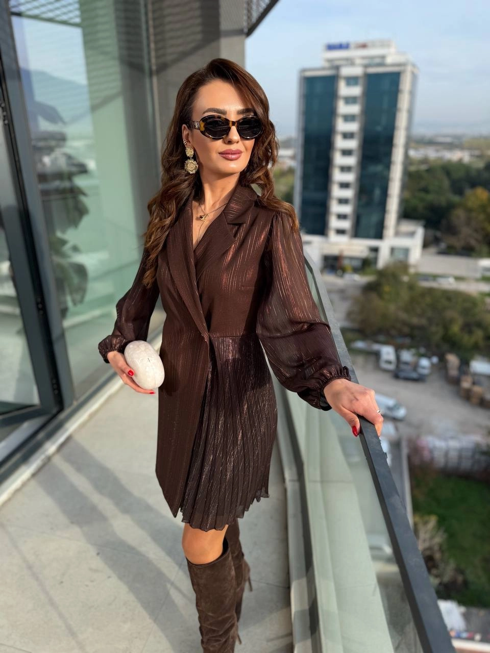 Tasarım%20Kahverengi%20Işıltı%20Geçişli%20Pilise%20Detaylı%20Lüks%20Kalite%20Elbise