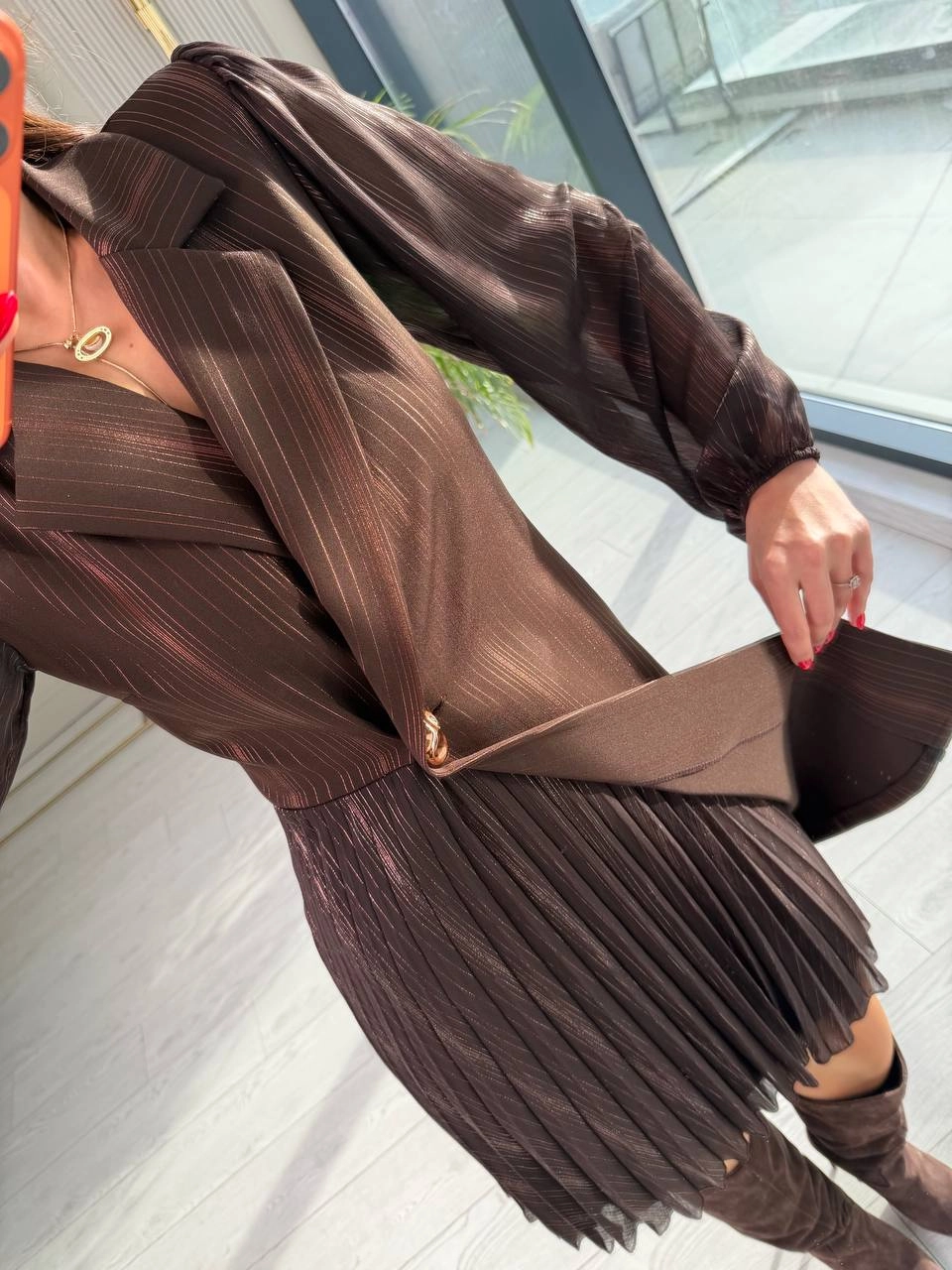 Tasarım%20Kahverengi%20Işıltı%20Geçişli%20Pilise%20Detaylı%20Lüks%20Kalite%20Elbise