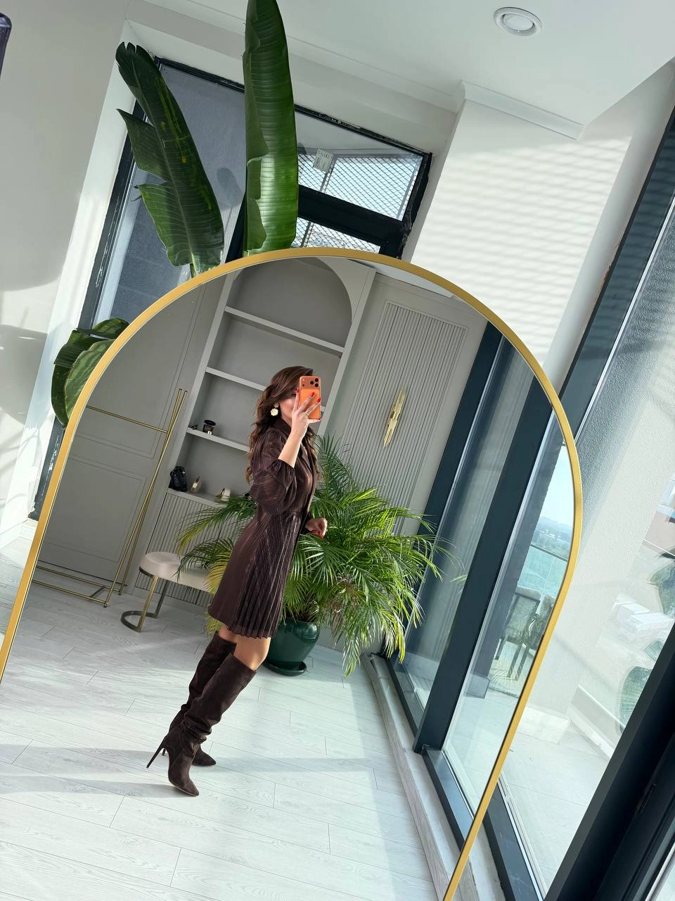 Tasarım%20Kahverengi%20Işıltı%20Geçişli%20Pilise%20Detaylı%20Lüks%20Kalite%20Elbise