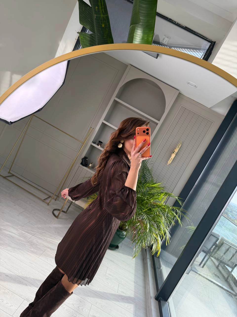 Tasarım%20Kahverengi%20Işıltı%20Geçişli%20Pilise%20Detaylı%20Lüks%20Kalite%20Elbise