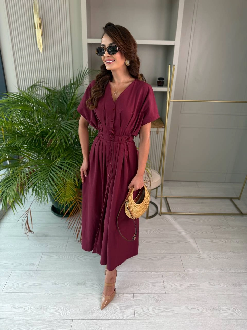 Mürdüm%20Pamuklu%20Poplin%20Kumaş%20Cepli%20Elbise