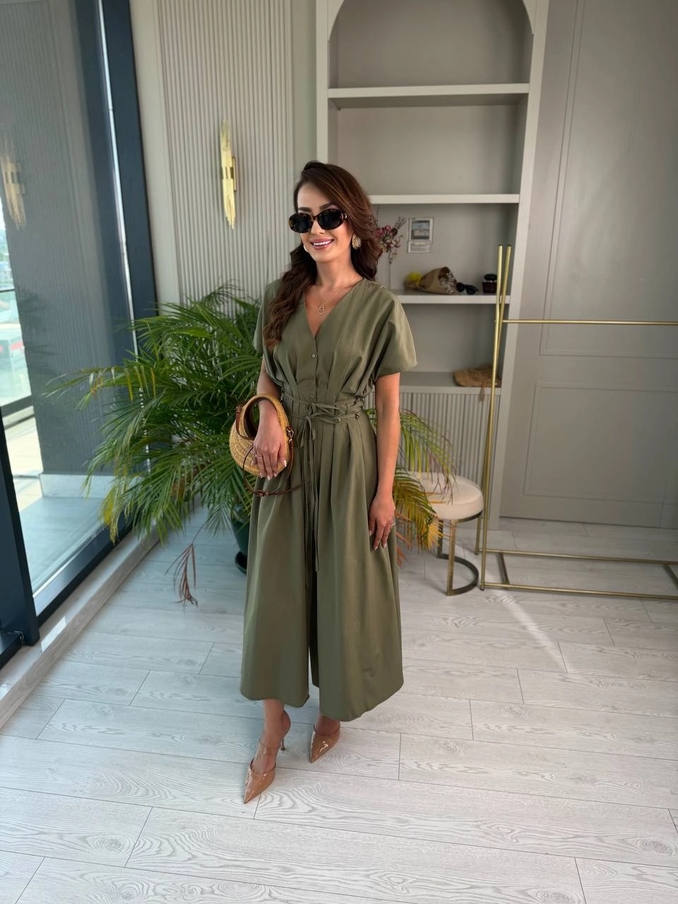 Haki%20Yeşil%20Pamuklu%20Poplin%20Kumaş%20Cepli%20Elbise