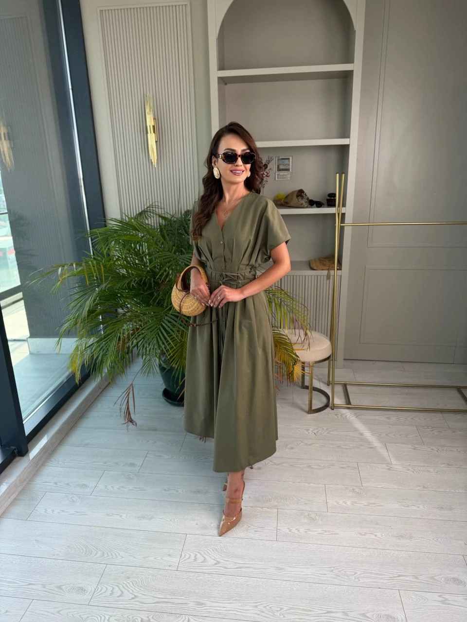 Haki%20Yeşil%20Pamuklu%20Poplin%20Kumaş%20Cepli%20Elbise