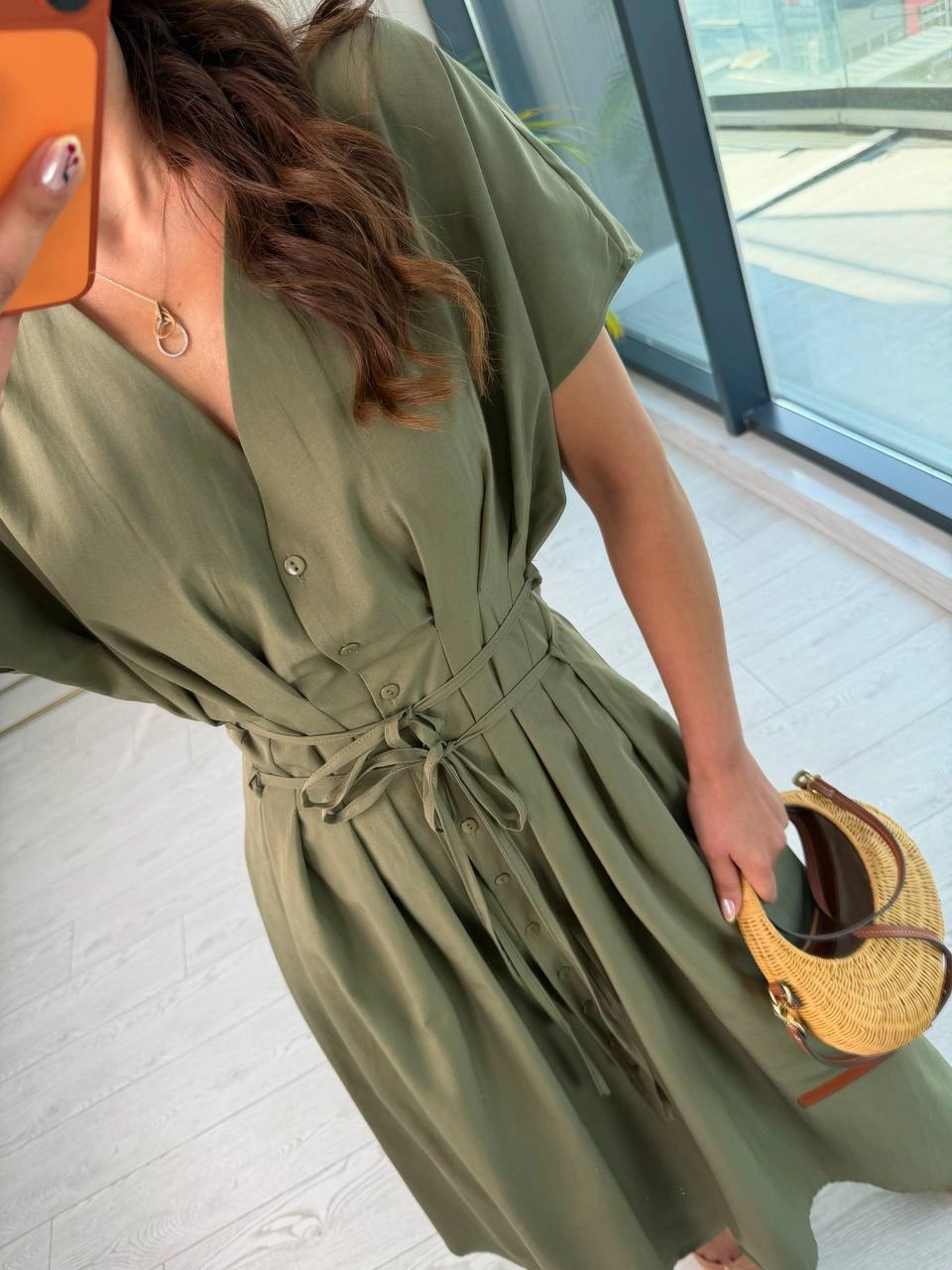 Haki%20Yeşil%20Pamuklu%20Poplin%20Kumaş%20Cepli%20Elbise