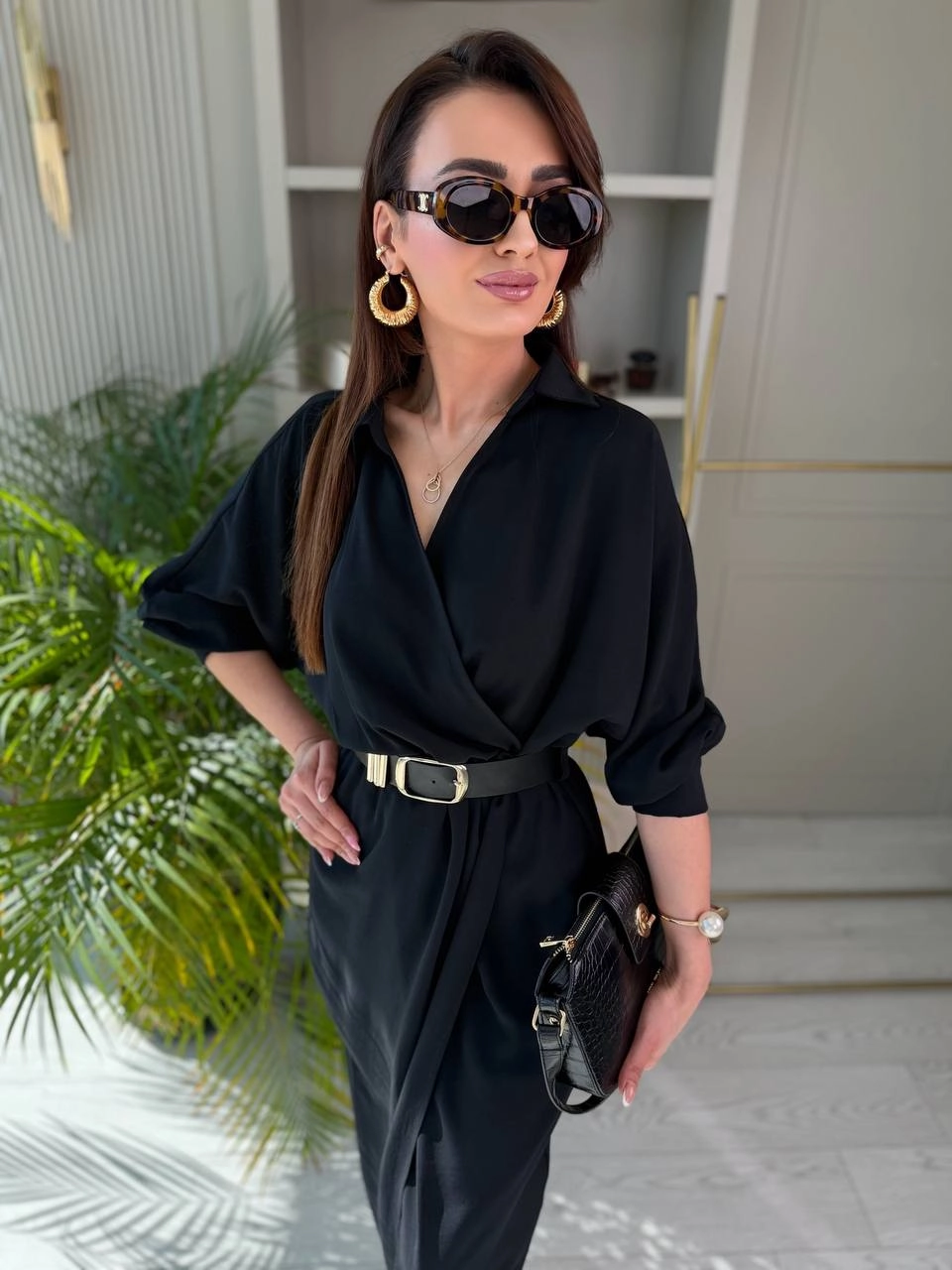 Siyah%20Kemerli%20Etek%20Kısmı%20Anvelop%20Tensel%20Kumaş%20Elbise