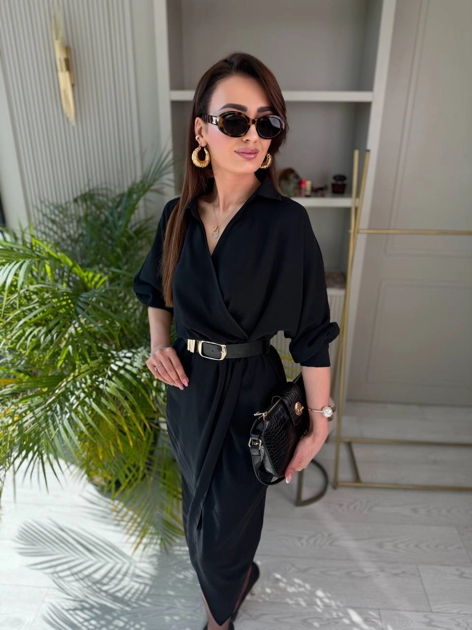 Siyah%20Kemerli%20Etek%20Kısmı%20Anvelop%20Tensel%20Kumaş%20Elbise