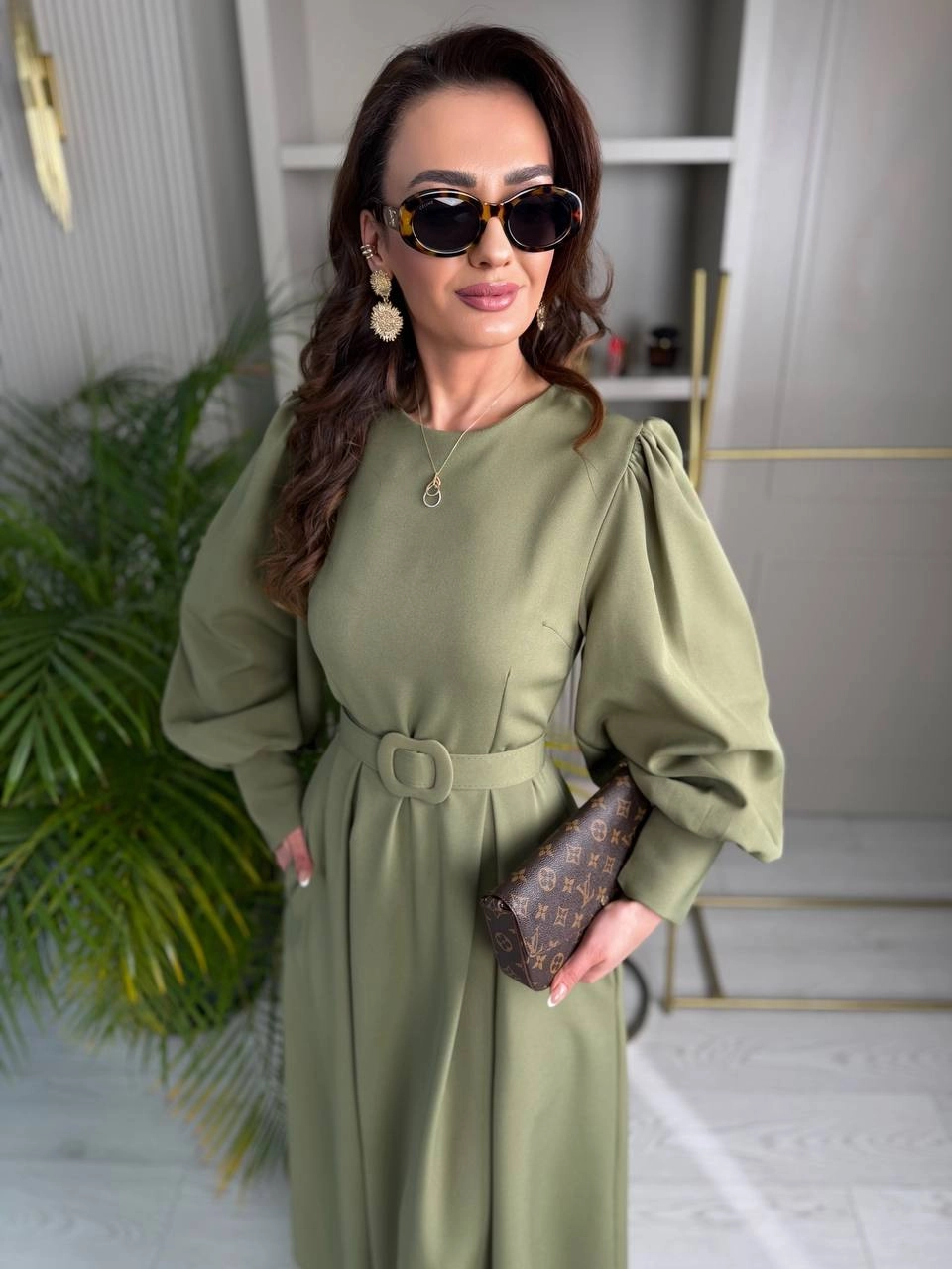 Haki%20Kemerli%20Lüks%20Kalite%20Atlas%20Kumaş%20Çan%20Kesim%20Elbise