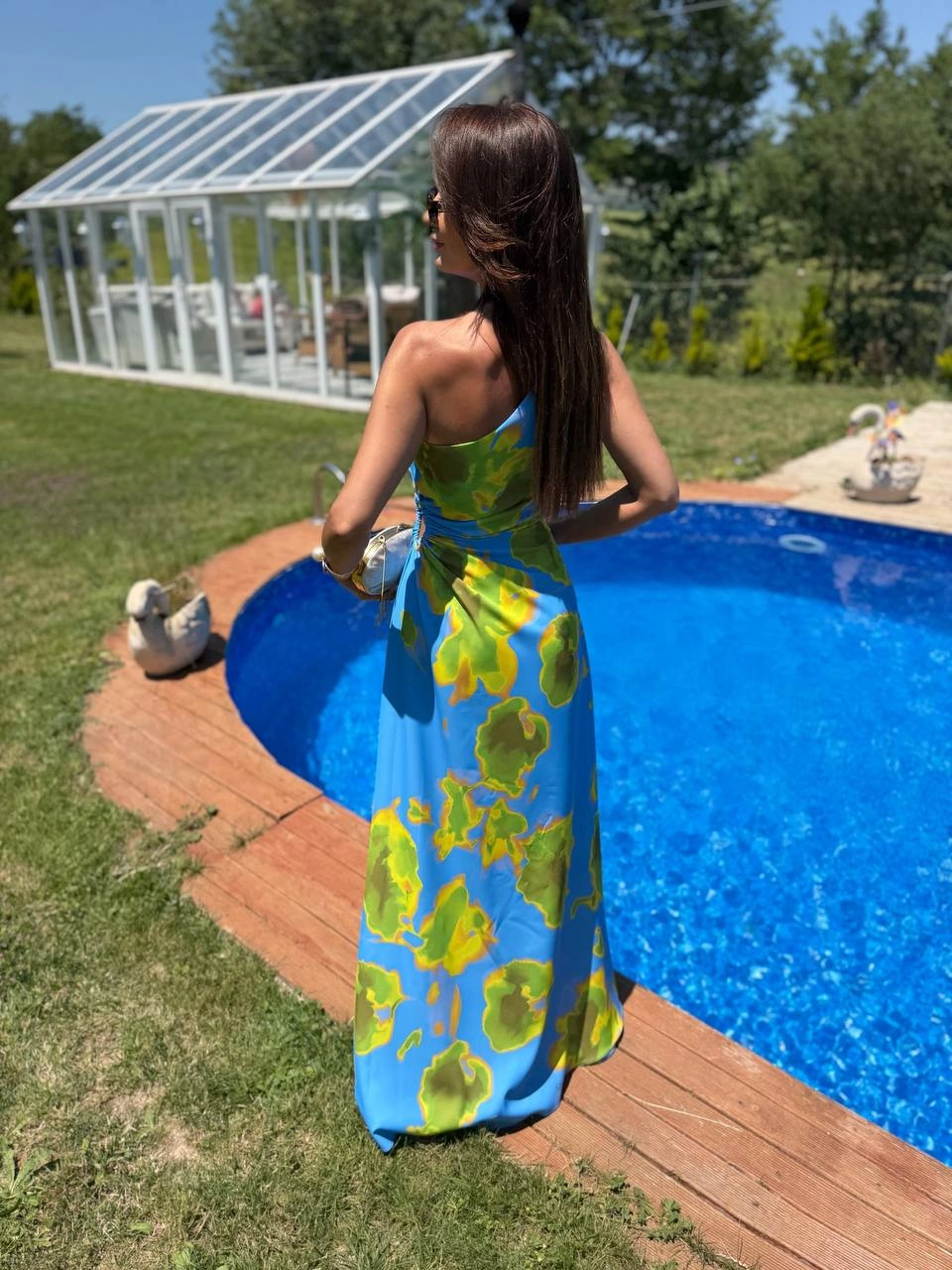 Maldiv%20Mavi%20Desenli%20Bel%20Pencereli%20Dubai%20Saten%20Kumaş%20Elbise