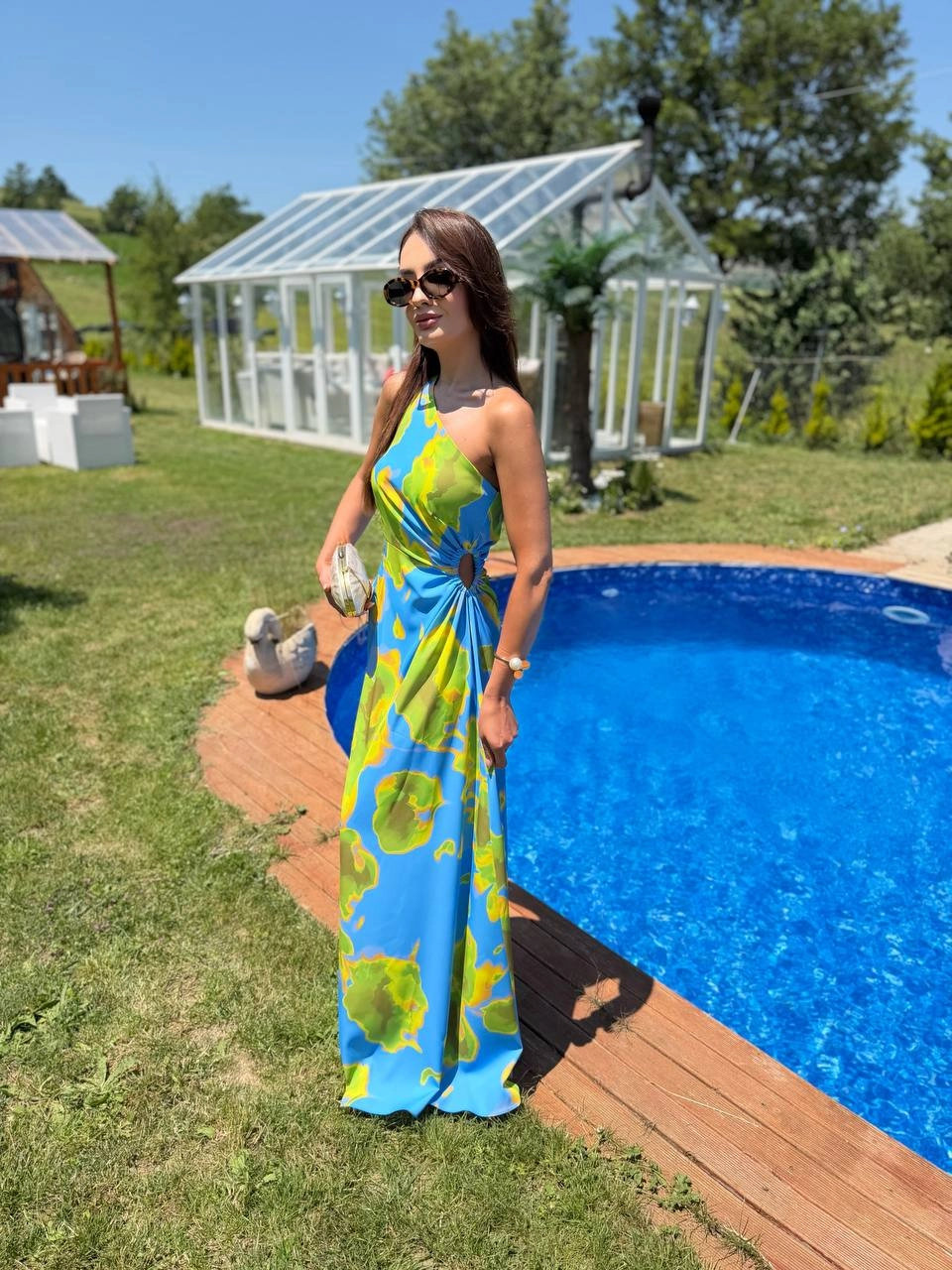 Maldiv%20Mavi%20Desenli%20Bel%20Pencereli%20Dubai%20Saten%20Kumaş%20Elbise