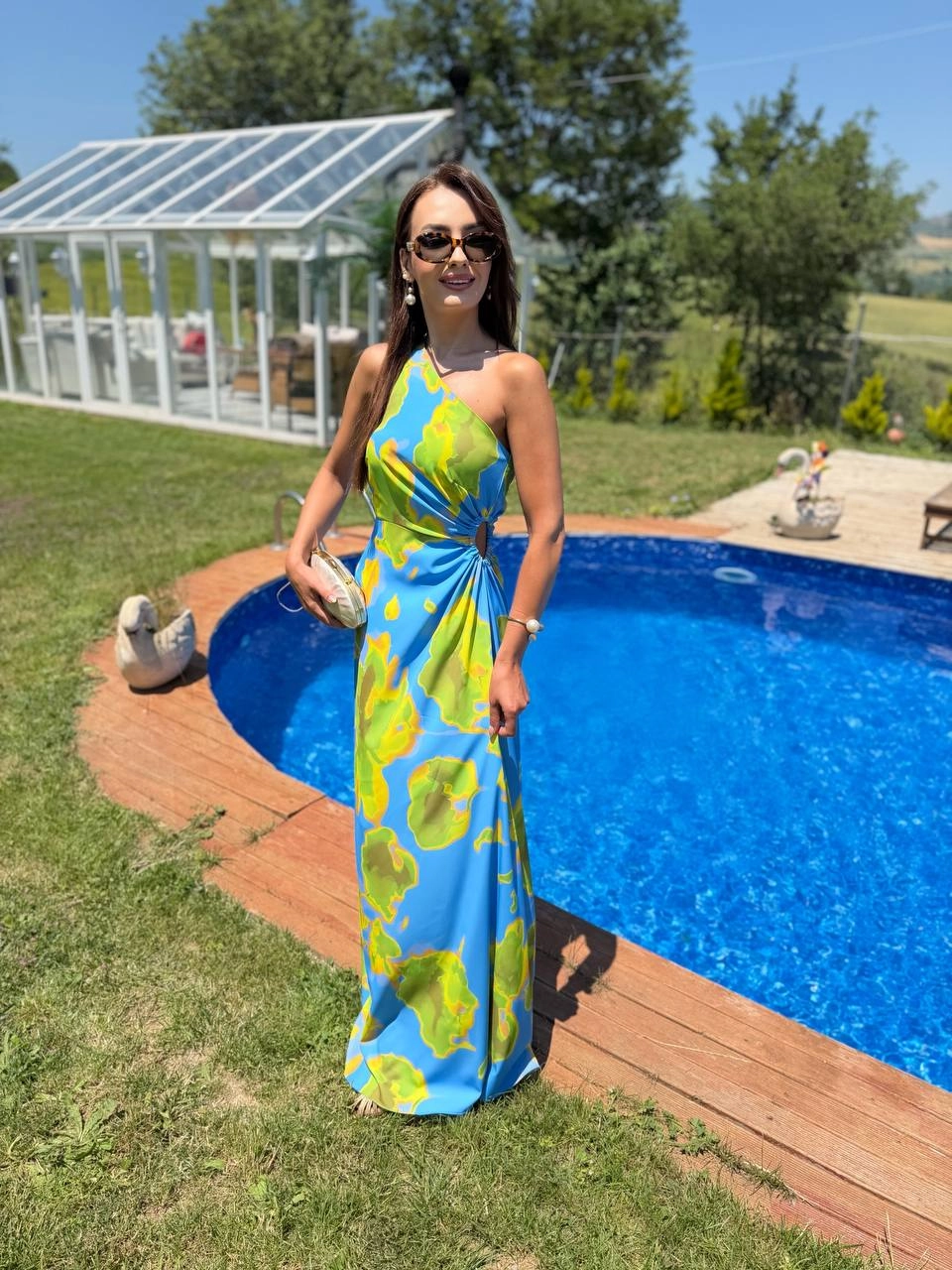 Maldiv%20Mavi%20Desenli%20Bel%20Pencereli%20Dubai%20Saten%20Kumaş%20Elbise