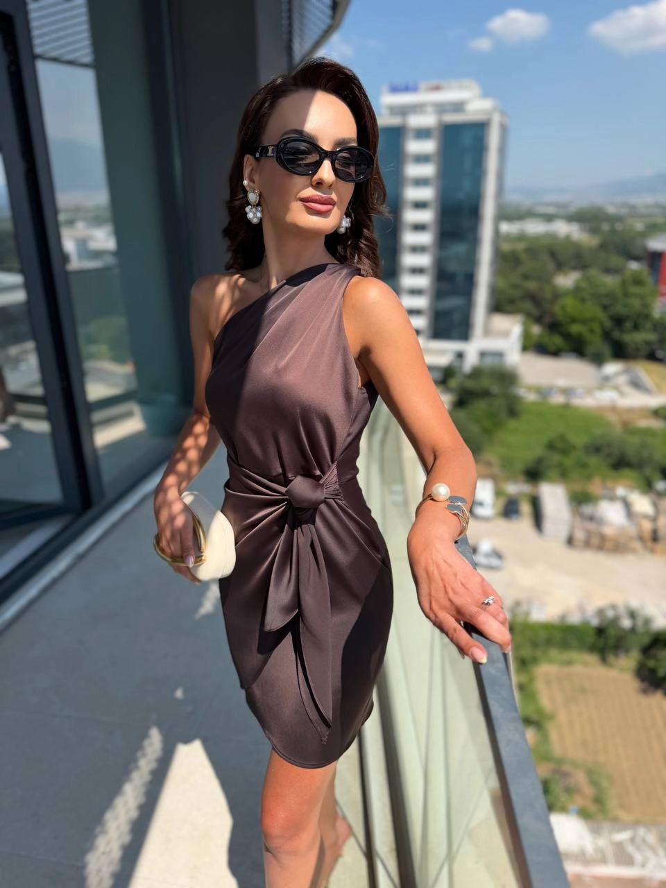 Kahverengi%20Zara%20Saten%20Tek%20Kol%20Elbise