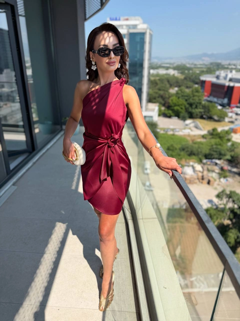 Bordo%20Zara%20Saten%20Tek%20Kol%20Elbise