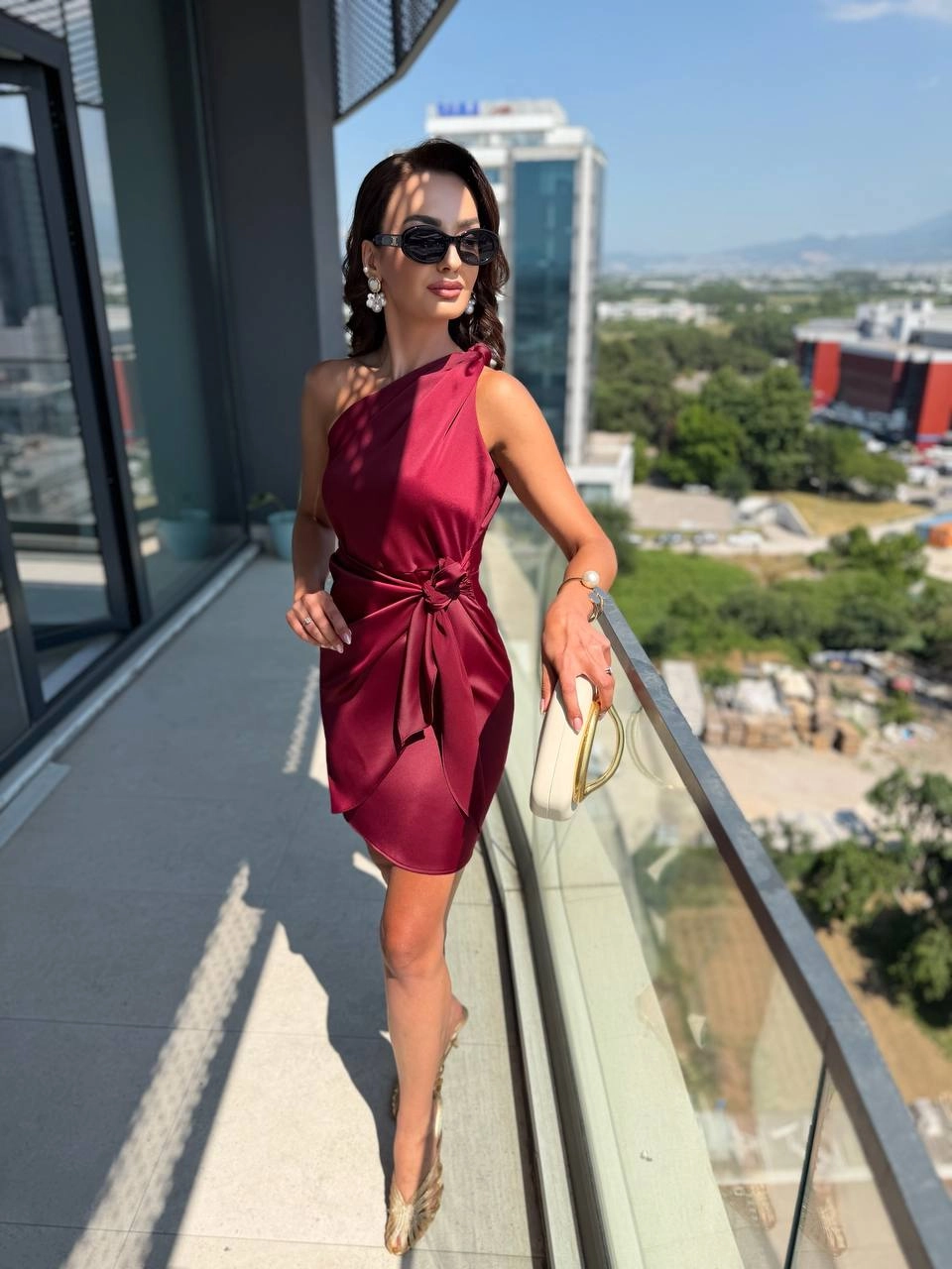 Bordo%20Zara%20Saten%20Tek%20Kol%20Elbise