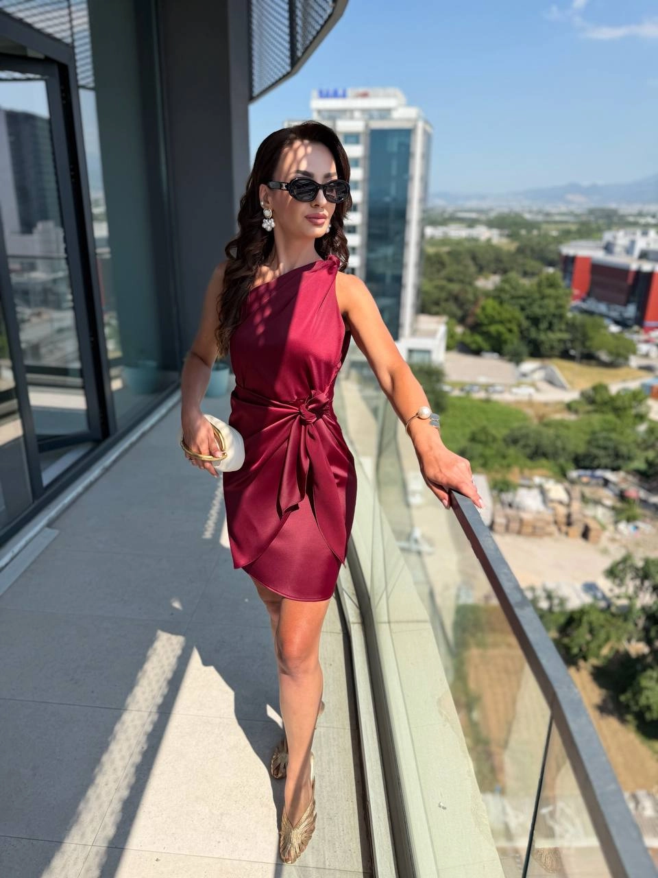 Bordo%20Zara%20Saten%20Tek%20Kol%20Elbise