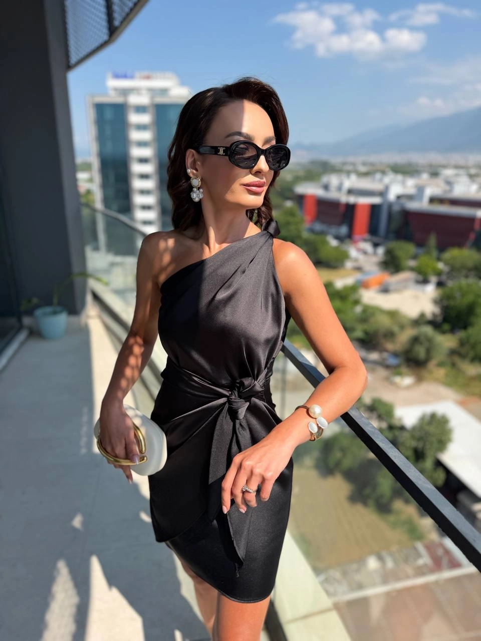 Siyah%20Zara%20Saten%20Tek%20Kol%20Elbise