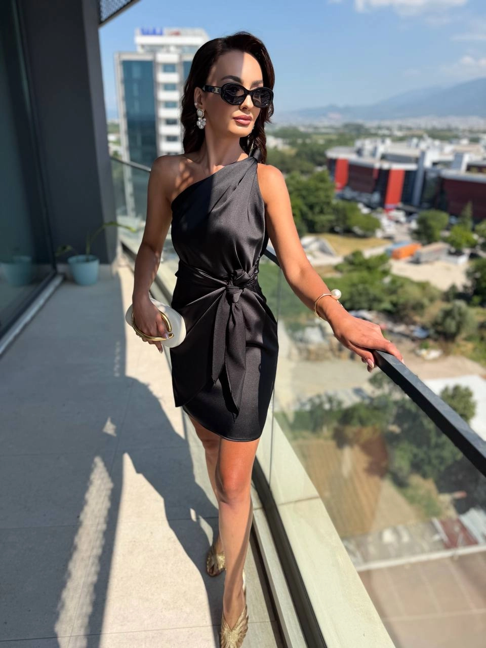 Siyah%20Zara%20Saten%20Tek%20Kol%20Elbise