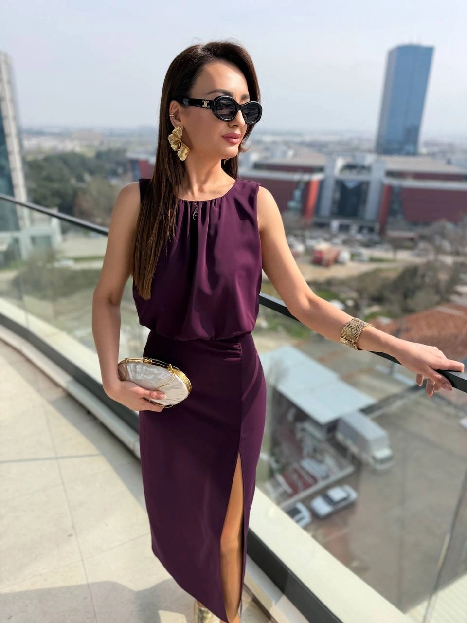 Mor%20Yırtmaç%20Detaylı%20Zara%20Model%20İpekli%20Krep%20Elbise