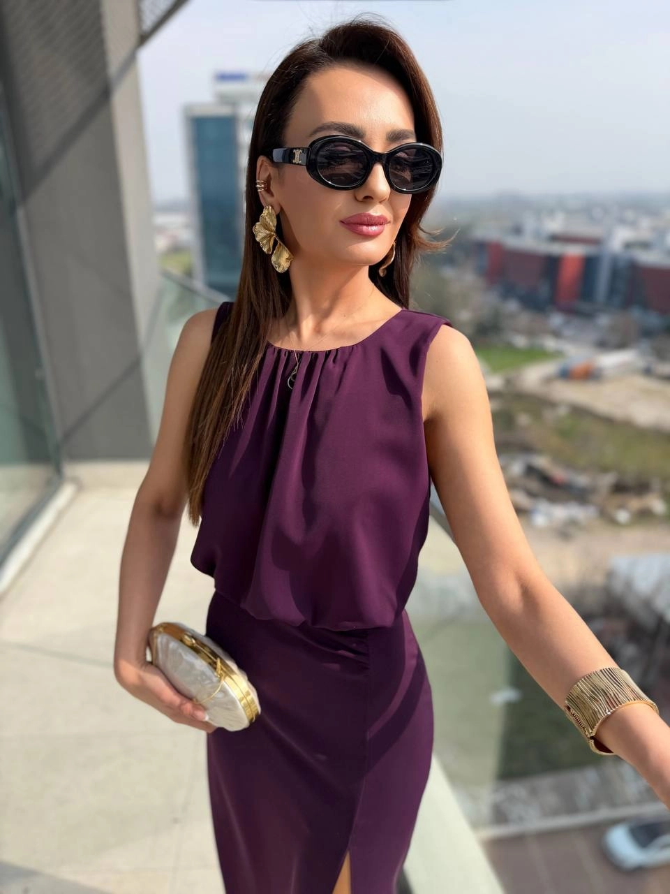 Mor%20Yırtmaç%20Detaylı%20Zara%20Model%20İpekli%20Krep%20Elbise