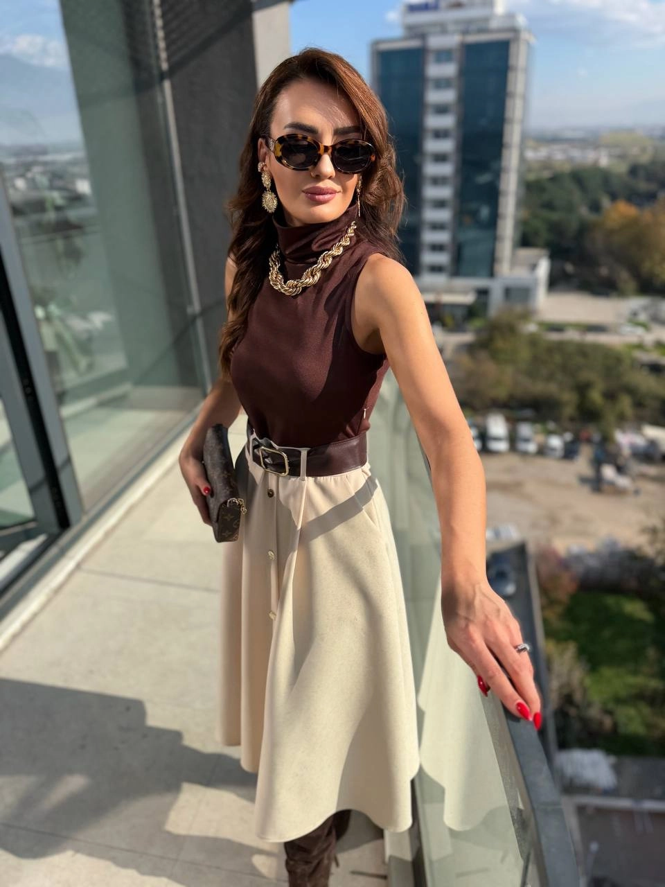 Kahverengi%20Bej%20Zara%20Model%20Kemerli%20Elbise