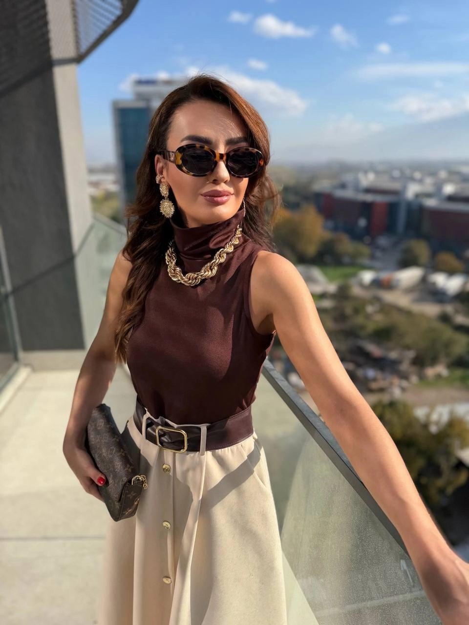 Kahverengi%20Bej%20Zara%20Model%20Kemerli%20Elbise