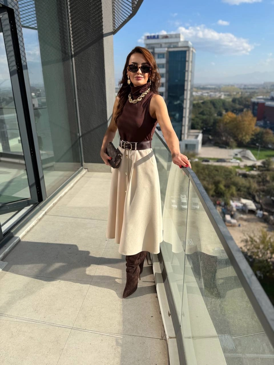 Kahverengi%20Bej%20Zara%20Model%20Kemerli%20Elbise