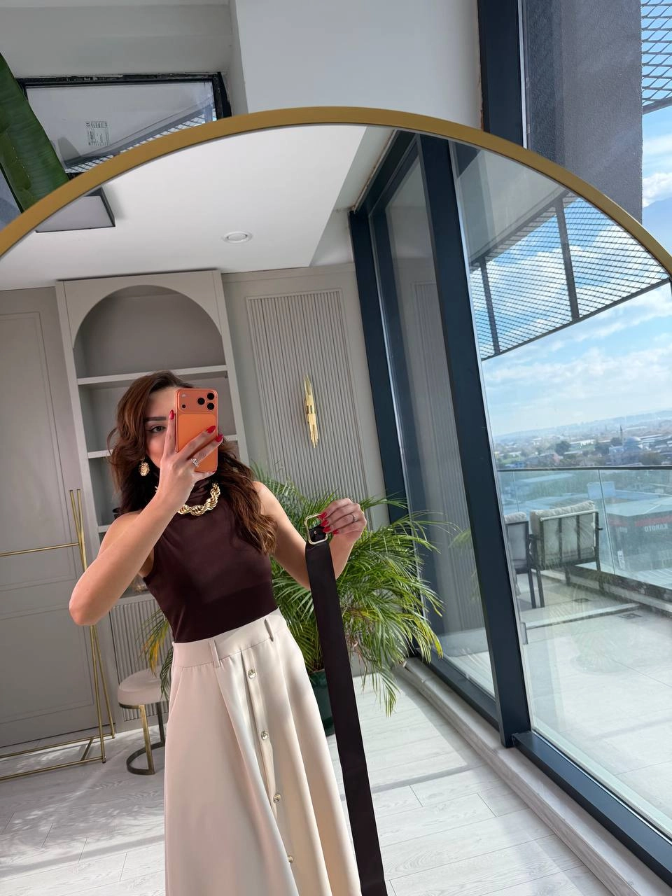 Kahverengi%20Bej%20Zara%20Model%20Kemerli%20Elbise